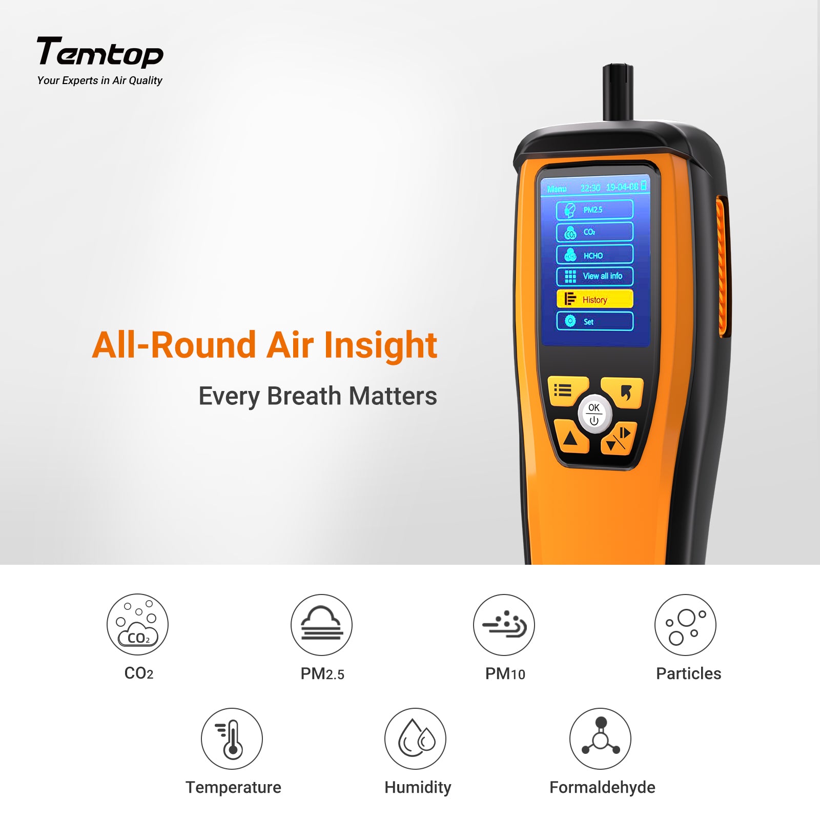 Temtop M2000 2nd CO2 Air Quality Monitor for PM2.5 PM10 Particles CO2 HCHO, Temperature & Humidity Display, Data Export