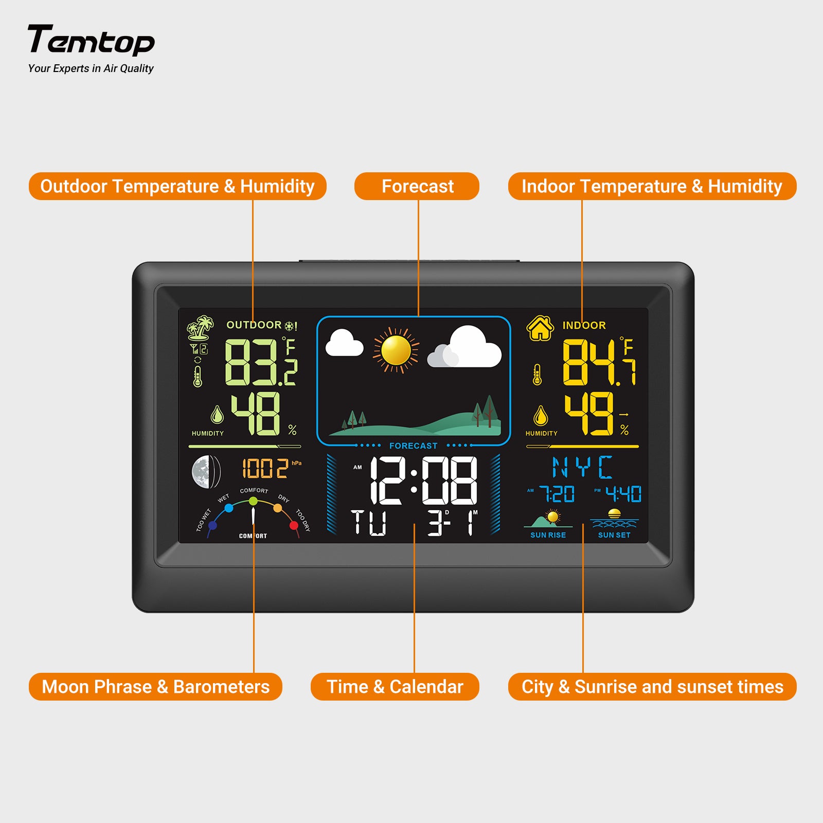 Temtop W100 Weather Station Multifunctional Weather Station with Indoor/Outdoor Temperature, Humidity, Atmospheric Pressure, Weather Forecast, Moon Phase, and Alarm Features