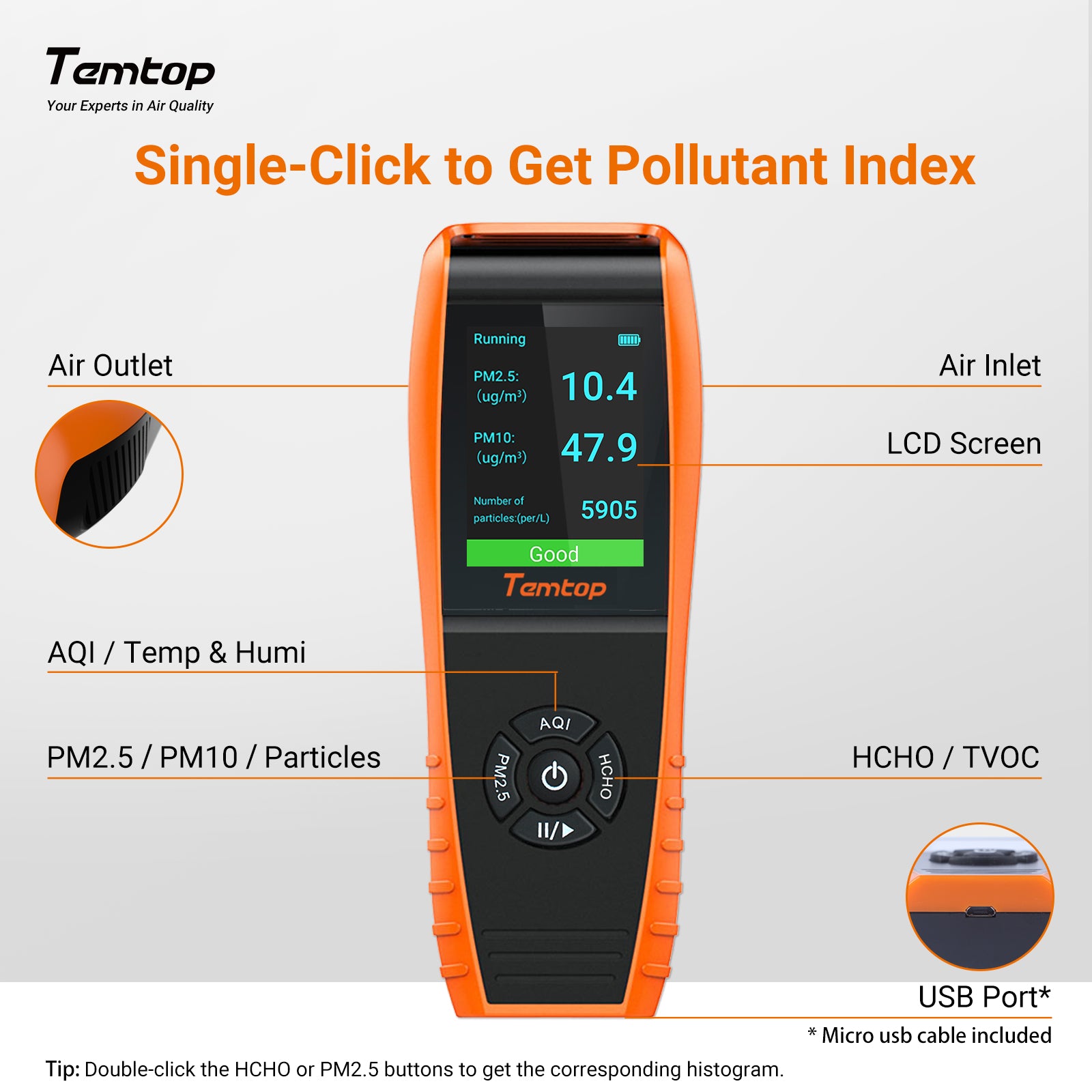 Temtop LKC-1000S+ 2nd Air Quality Monitor for PM2.5 PM10 HCHO AQI Particles VOCs Humidity Temperature, Date Dxport
