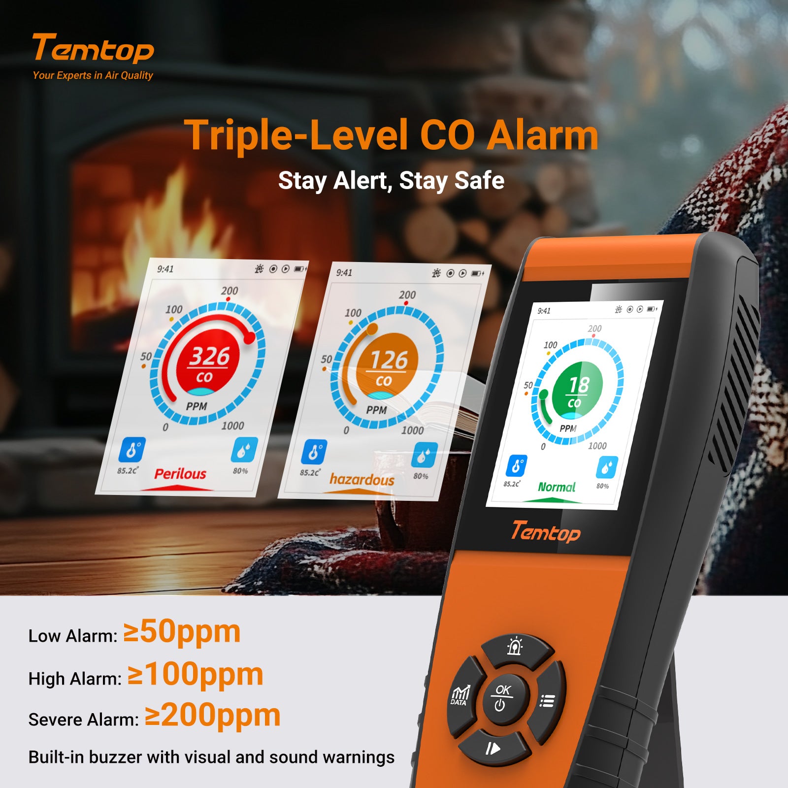 Temtop LKC-1000C Portable CO Detector with TFT Color LCD Screen, USB Data Export, Calibration, and Adjustable Alarm Threshold