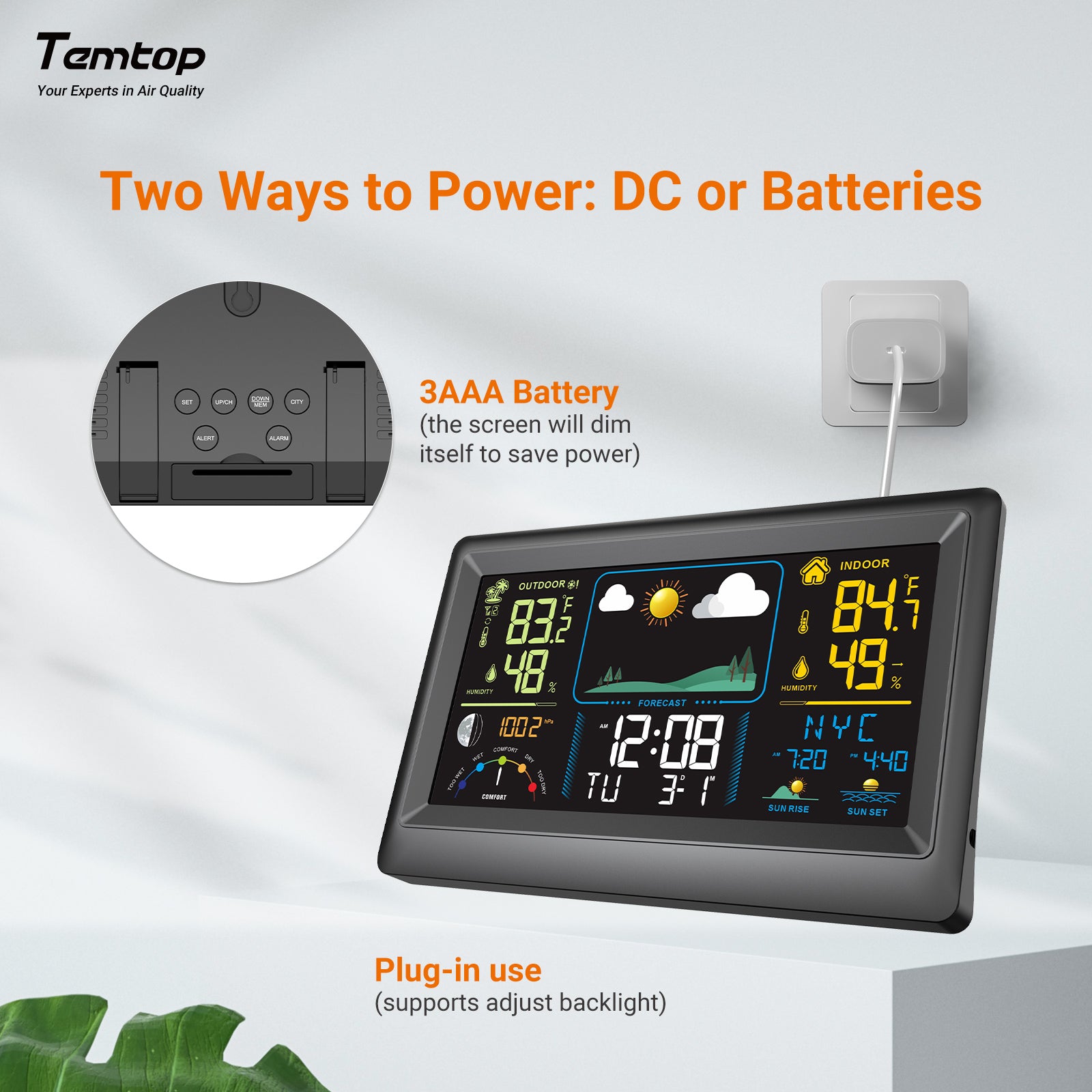 Temtop W100 Weather Station Multifunctional Weather Station with Indoor/Outdoor Temperature, Humidity, Atmospheric Pressure, Weather Forecast, Moon Phase, and Alarm Features