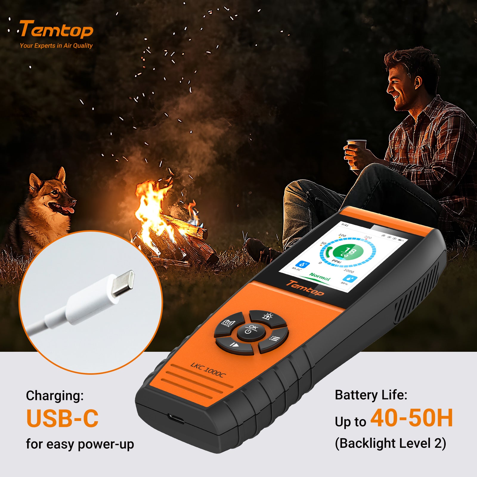 Temtop LKC-1000C Portable CO Detector with TFT Color LCD Screen, USB Data Export, Calibration, and Adjustable Alarm Threshold