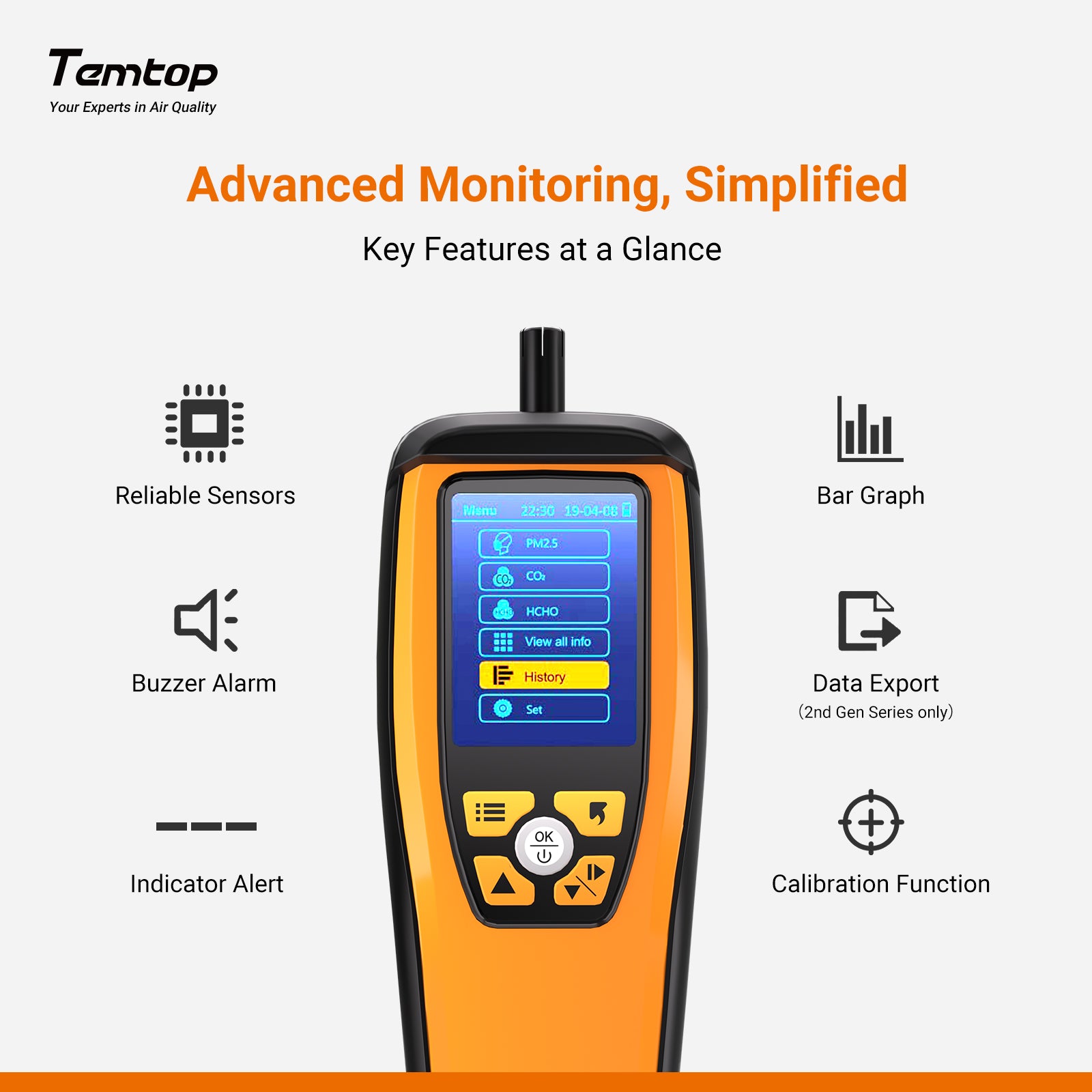 Temtop M2000 2nd CO2 Air Quality Monitor for PM2.5 PM10 Particles CO2 HCHO, Temperature & Humidity Display, Data Export