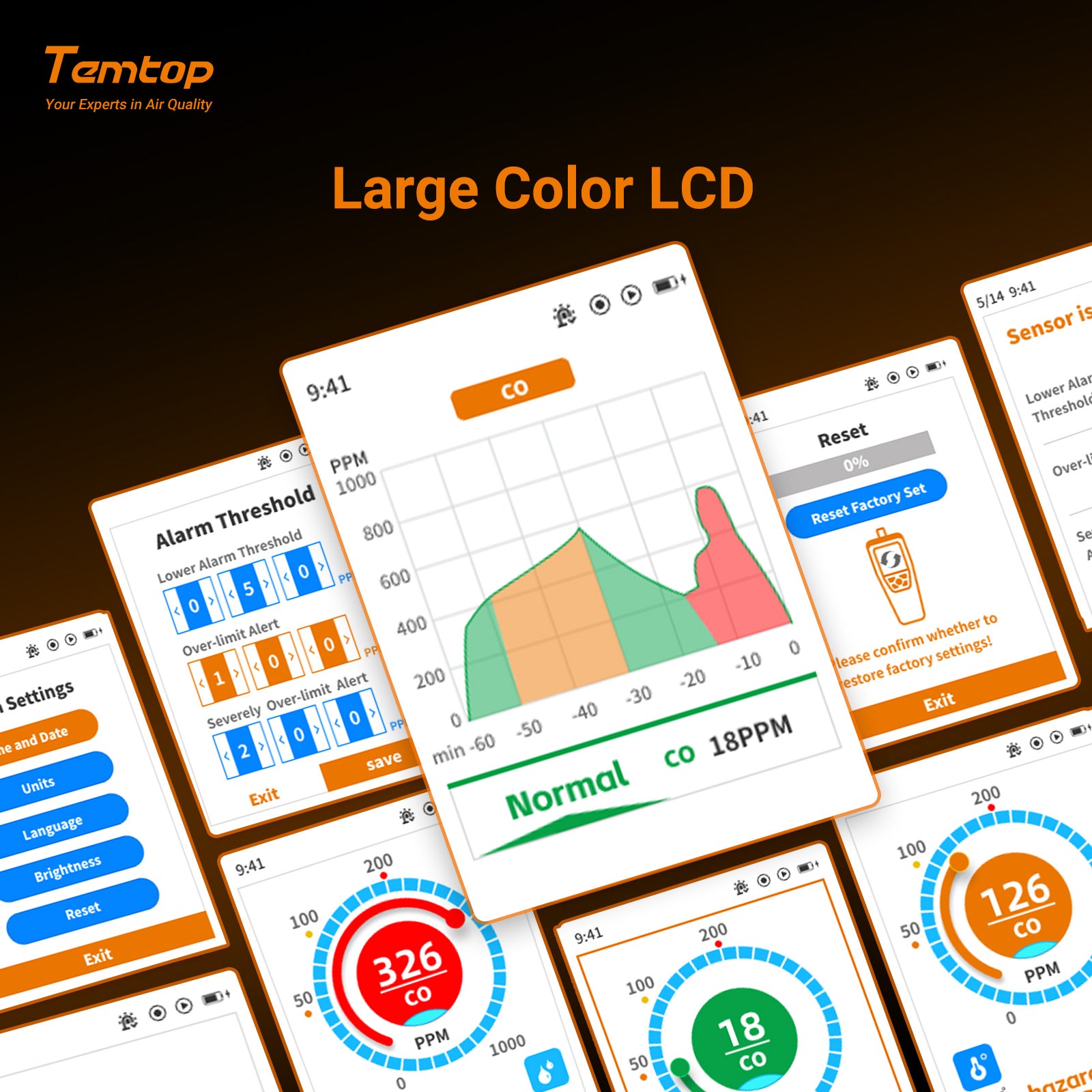 Temtop LKC-1000C Portable CO Detector with TFT Color LCD Screen, USB Data Export, Calibration, and Adjustable Alarm Threshold