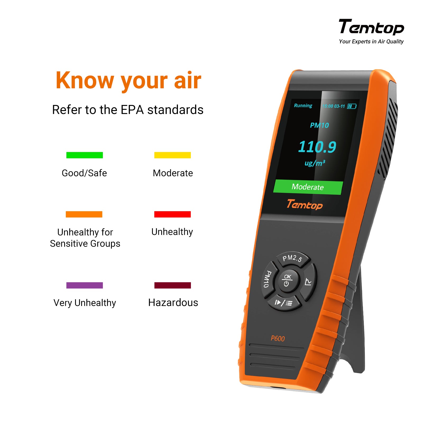 Temtop P600 (upgraded version of P200) Air Quality Monitor, Portable Laser PM2.5 PM10 Particle Detector, Professional Air Quality Monitor Meter Accurate Testing