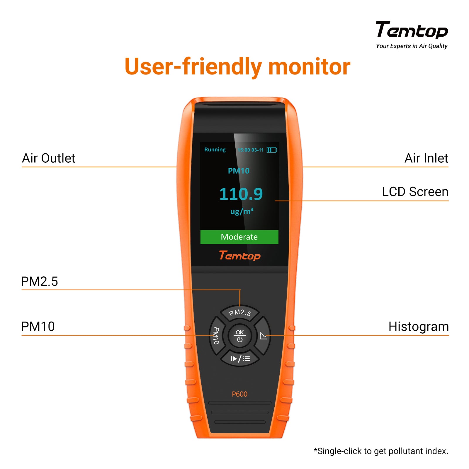 Temtop P600 (upgraded version of P200) Air Quality Monitor, Portable Laser PM2.5 PM10 Particle Detector, Professional Air Quality Monitor Meter Accurate Testing