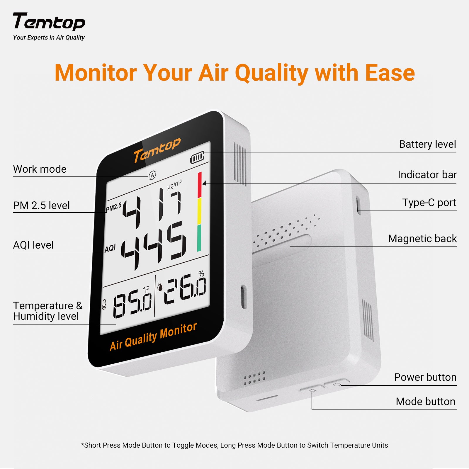 Temtop S1-up Indoor Air Quality Meter Temperature & Humidity AQI PM2.5 Monitor with Accurate Sensor