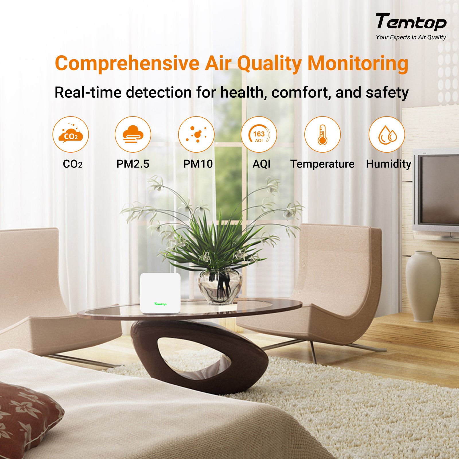 Temtop P2 Air Quality Monitor, PM2.5, PM10, CO₂, Temp & Humidity Detector for Home/Office | Accurate PM2.5, CO₂, AQI Readings Bluetooth App