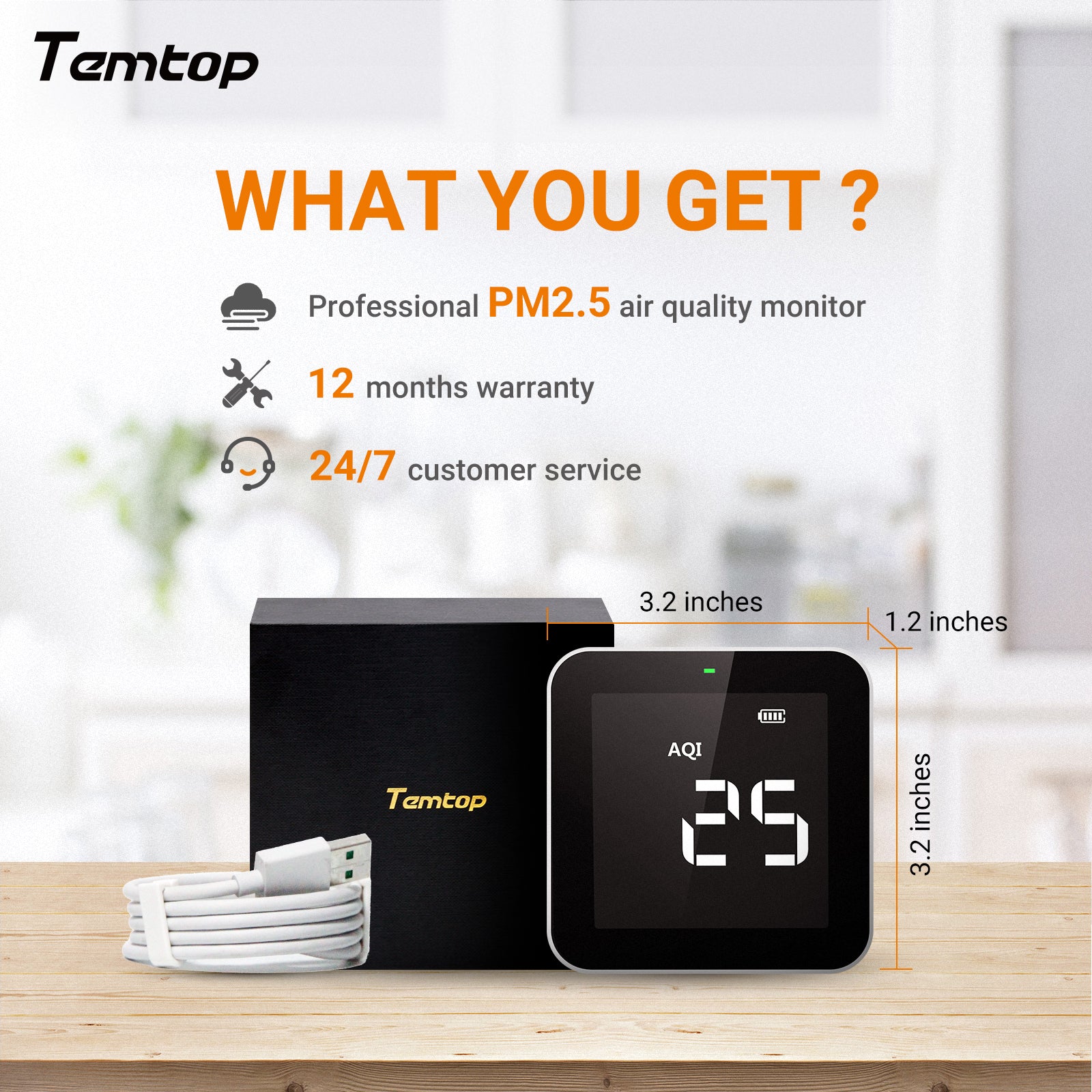 Temtop P10 Air Quality Monitor for PM2.5 AQI Real Time Display, Rechargeable Battery