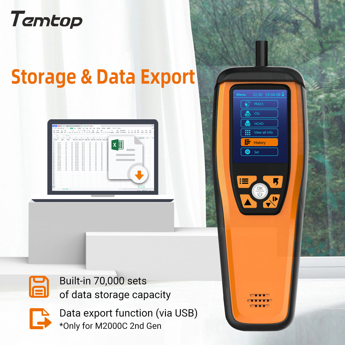 Temtop M2000C 2nd CO2 Air Quality Monitor for CO2 PM2.5 PM10 Particles, Temperature & Humidity Display, Data Export
