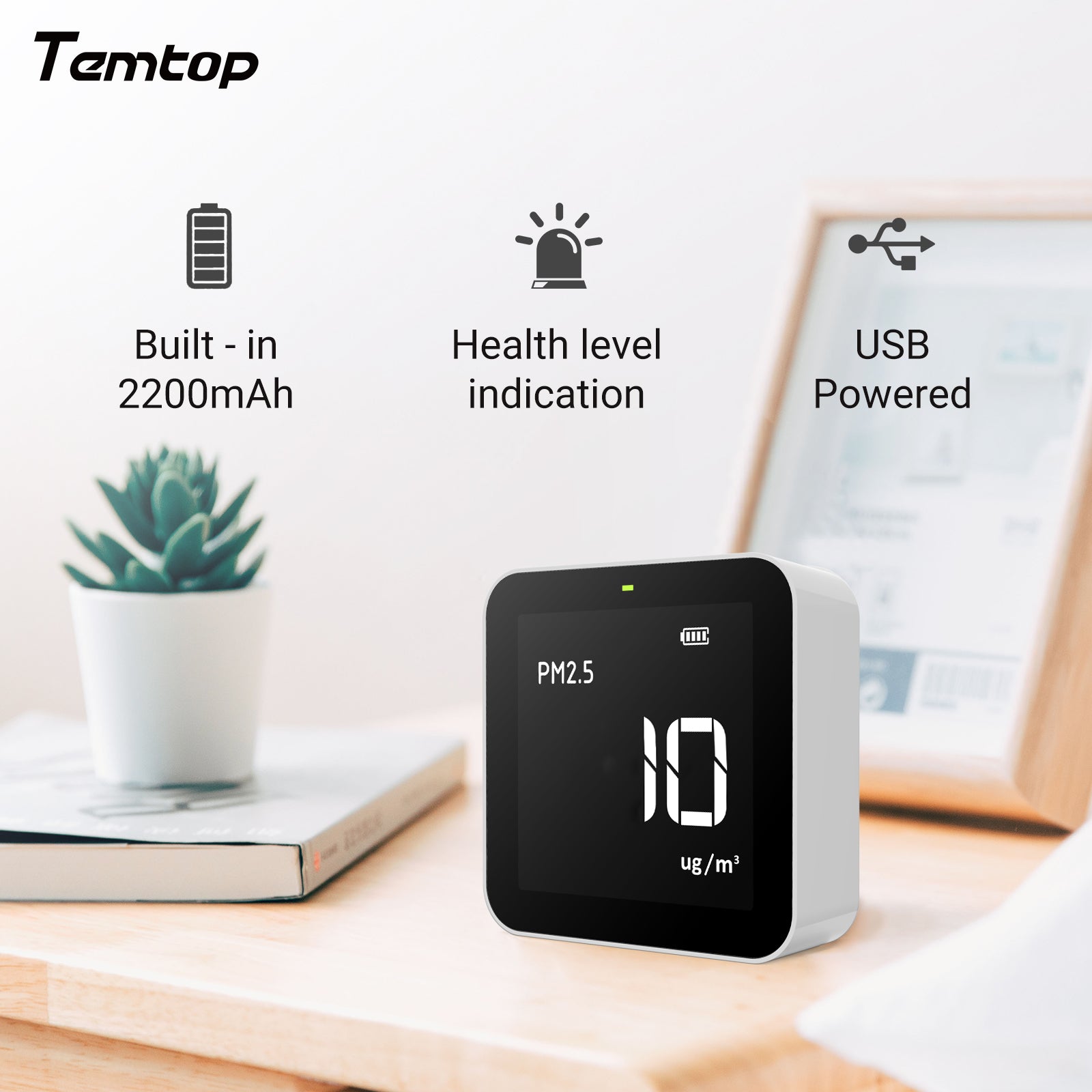 Temtop P10 Air Quality Monitor for PM2.5 AQI Real Time Display, Rechargeable Battery