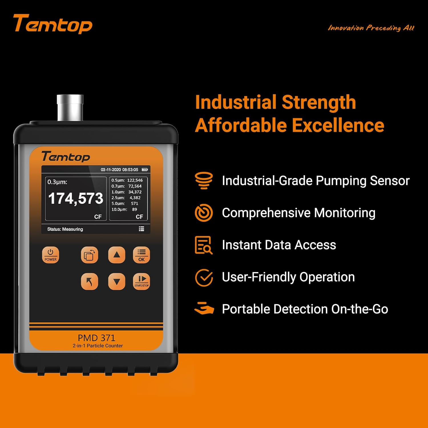 Temtop PMD371 Professional Particle Counter, Handheld Aerosol Dust Monitor with 7 Channels (0.3-10μm), PM2.5/PM10/TSP, Ideal for Cleanrooms, Construction Sites & Industrial Air Quality Monitoring