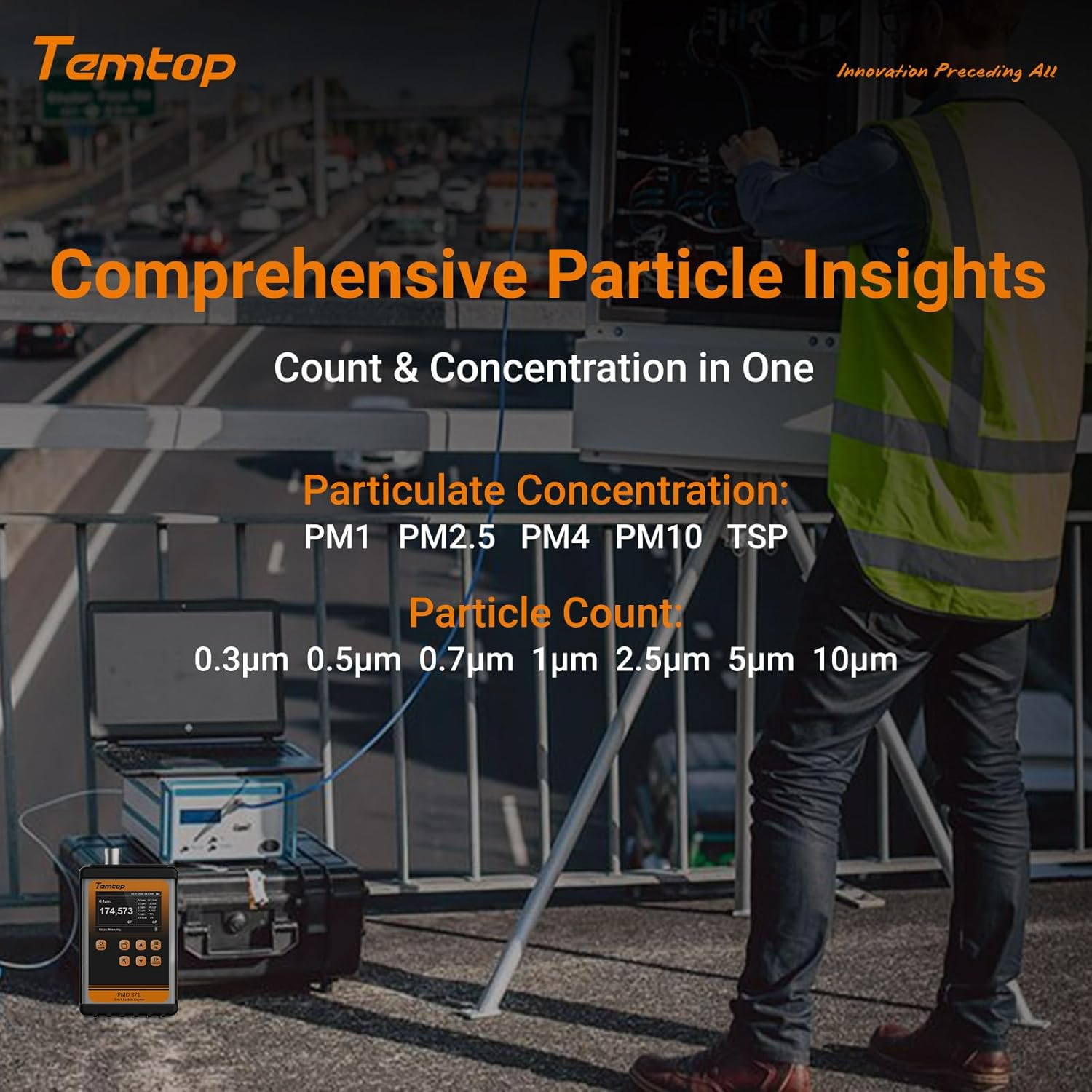 Temtop PMD371 Professional Particle Counter, Handheld Aerosol Dust Monitor with 7 Channels (0.3-10μm), PM2.5/PM10/TSP, Ideal for Cleanrooms, Construction Sites & Industrial Air Quality Monitoring