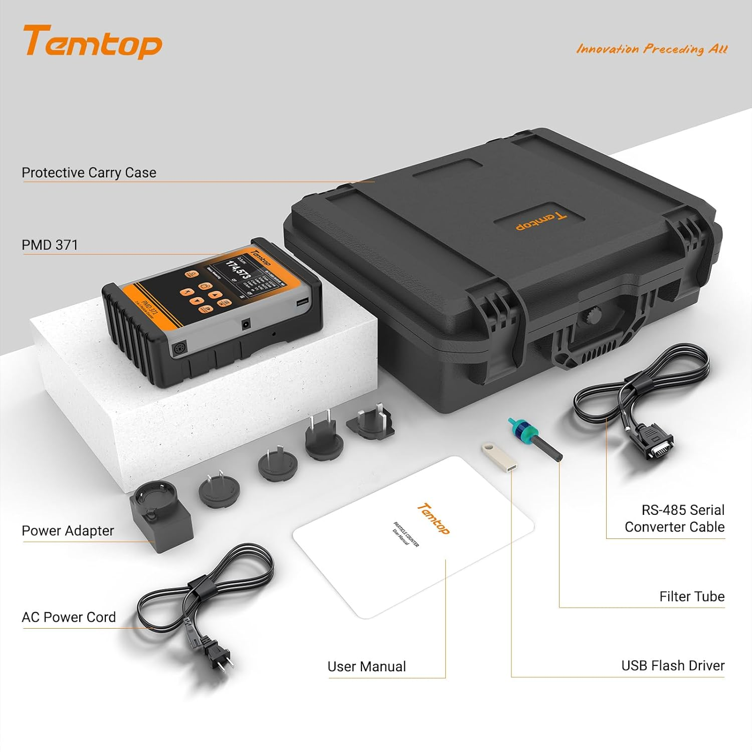 Temtop PMD371 Professional Particle Counter, Handheld Aerosol Dust Monitor with 7 Channels (0.3-10μm), PM2.5/PM10/TSP, Ideal for Cleanrooms, Construction Sites & Industrial Air Quality Monitoring