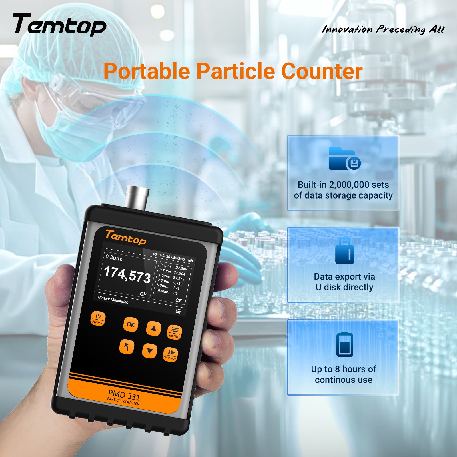 Temtop PMD 331 Aerosol Monitor Handheld Particle Counter, Dust Monitor, Seven Channels