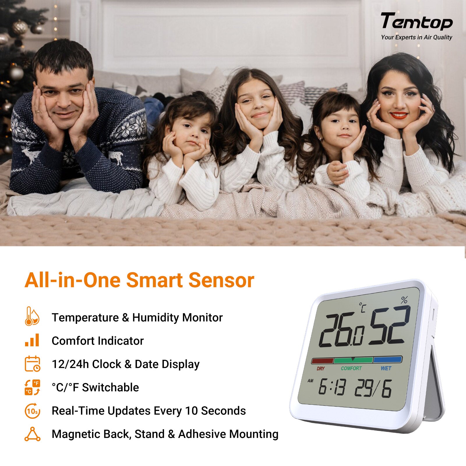 Igrometro TEMtop T1-SE Termometro interno-Monitoraggio digitale a temperatura ambiente e umidità con indicatore di comfort, ℃/℉ interruttore, per casa, ufficio, vivaio