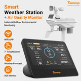Temtop W100 Station météo WiFi avec moniteur de qualité de l'air, 7" Station météo tactile intérieure/extérieure, moniteur PM2.5/PM10/CO2/TVOC, pluviomètre, anémomètre &  Direction, UV, prévisions de l'IQA