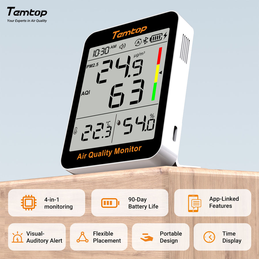 Détecteur De Qualité D'Air Temtop LKC-1000S+ - Mesure PM2.5, HCHO, COV, Température | Moniteur 10 En 1 Avec écran TFT