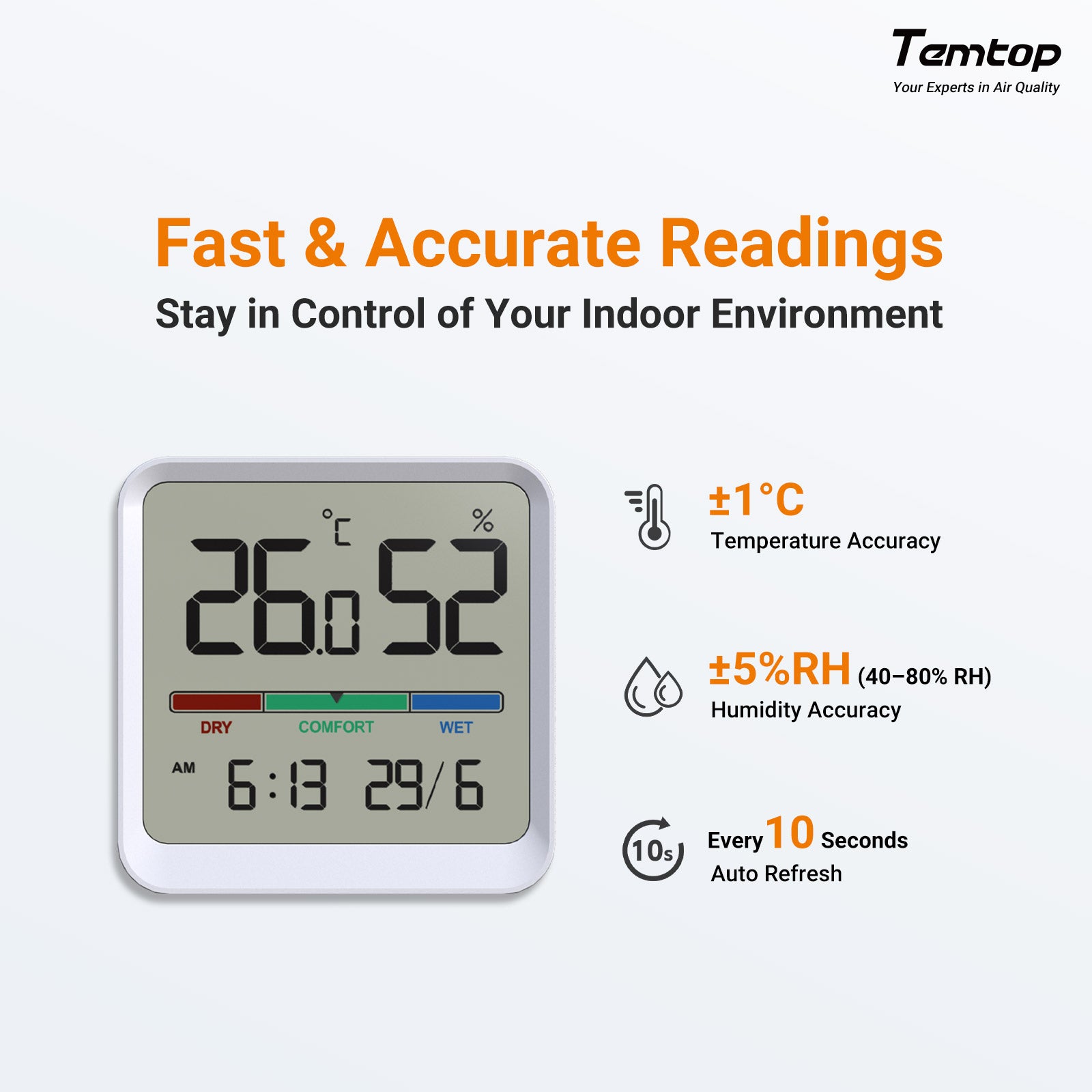Igrometro TEMtop T1-SE Termometro interno-Monitoraggio digitale a temperatura ambiente e umidità con indicatore di comfort, ℃/℉ interruttore, per casa, ufficio, vivaio