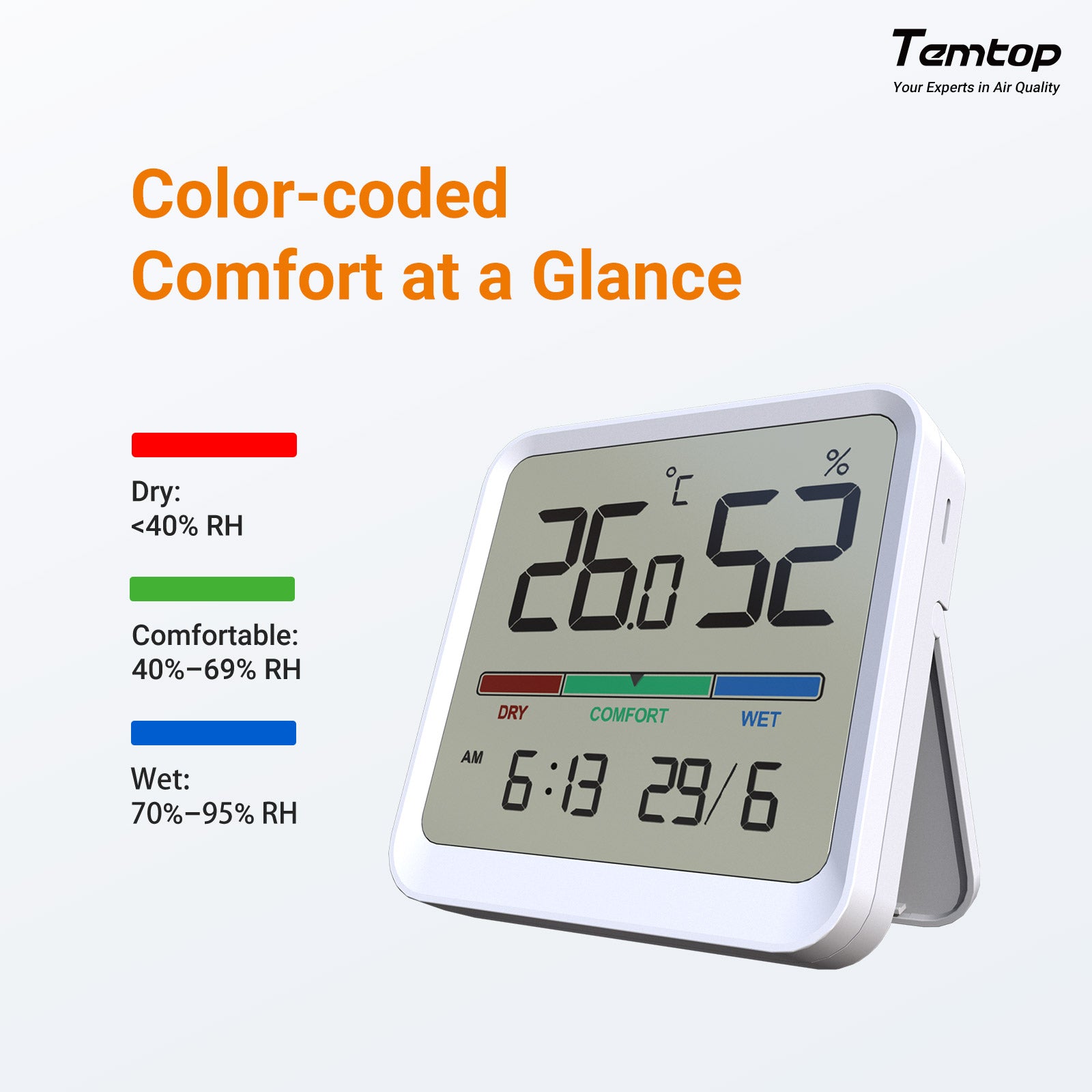 Igrometro TEMtop T1-SE Termometro interno-Monitoraggio digitale a temperatura ambiente e umidità con indicatore di comfort, ℃/℉ interruttore, per casa, ufficio, vivaio