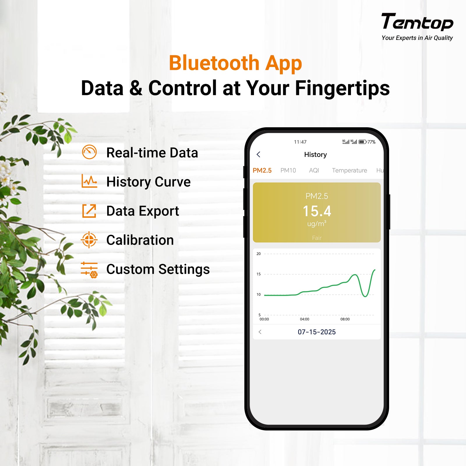 Temtop P2 Air Quality Monitor, PM2.5, PM10, CO₂, Temp & Humidity Detector for Home/Office | Accurate PM2.5, CO₂, AQI Readings Bluetooth App