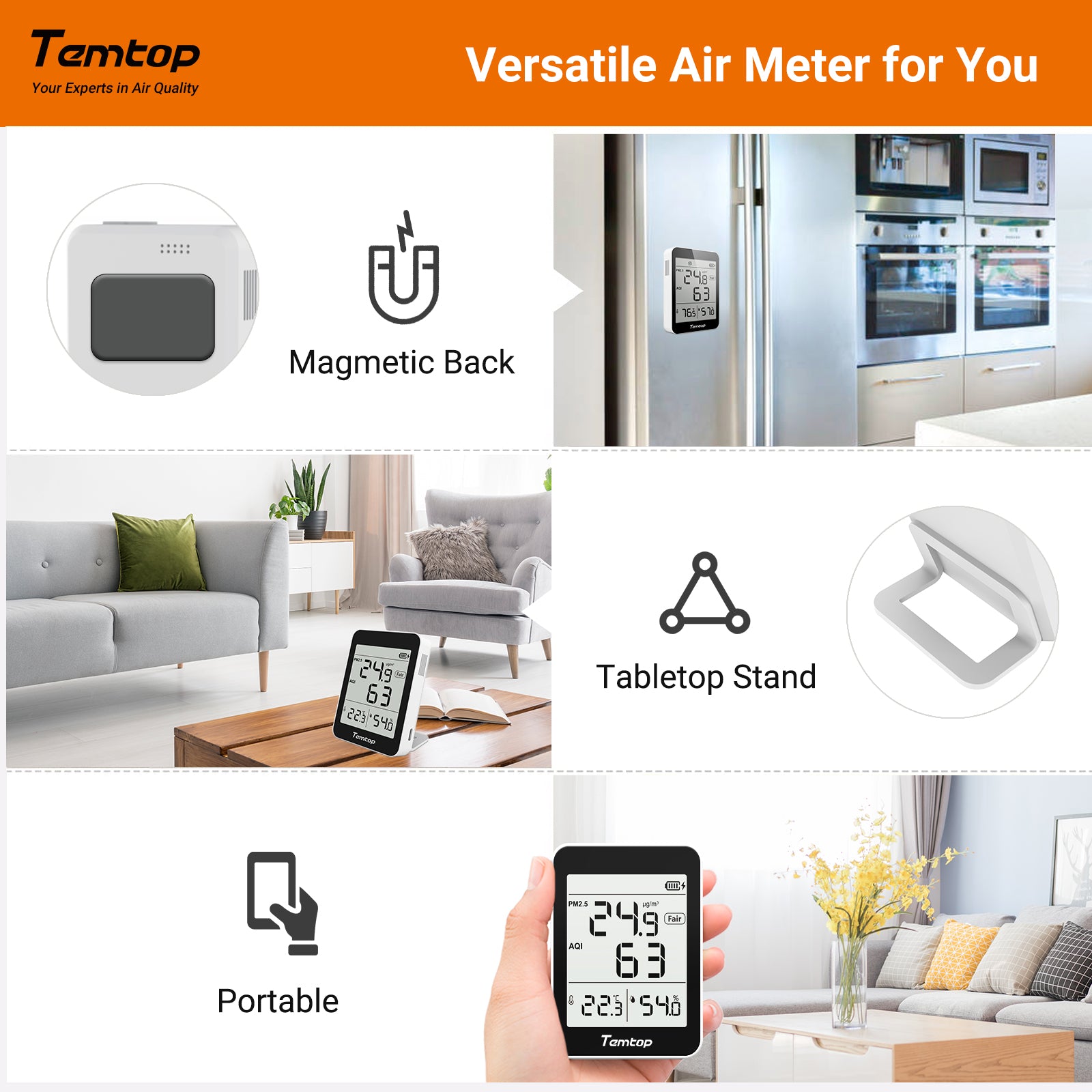 Temtop S1 Innenluftqualitätsmessgerät, Temperatur und Luftfeuchtigkeit, AQI PM2.5-Monitor mit präzisem Sensor