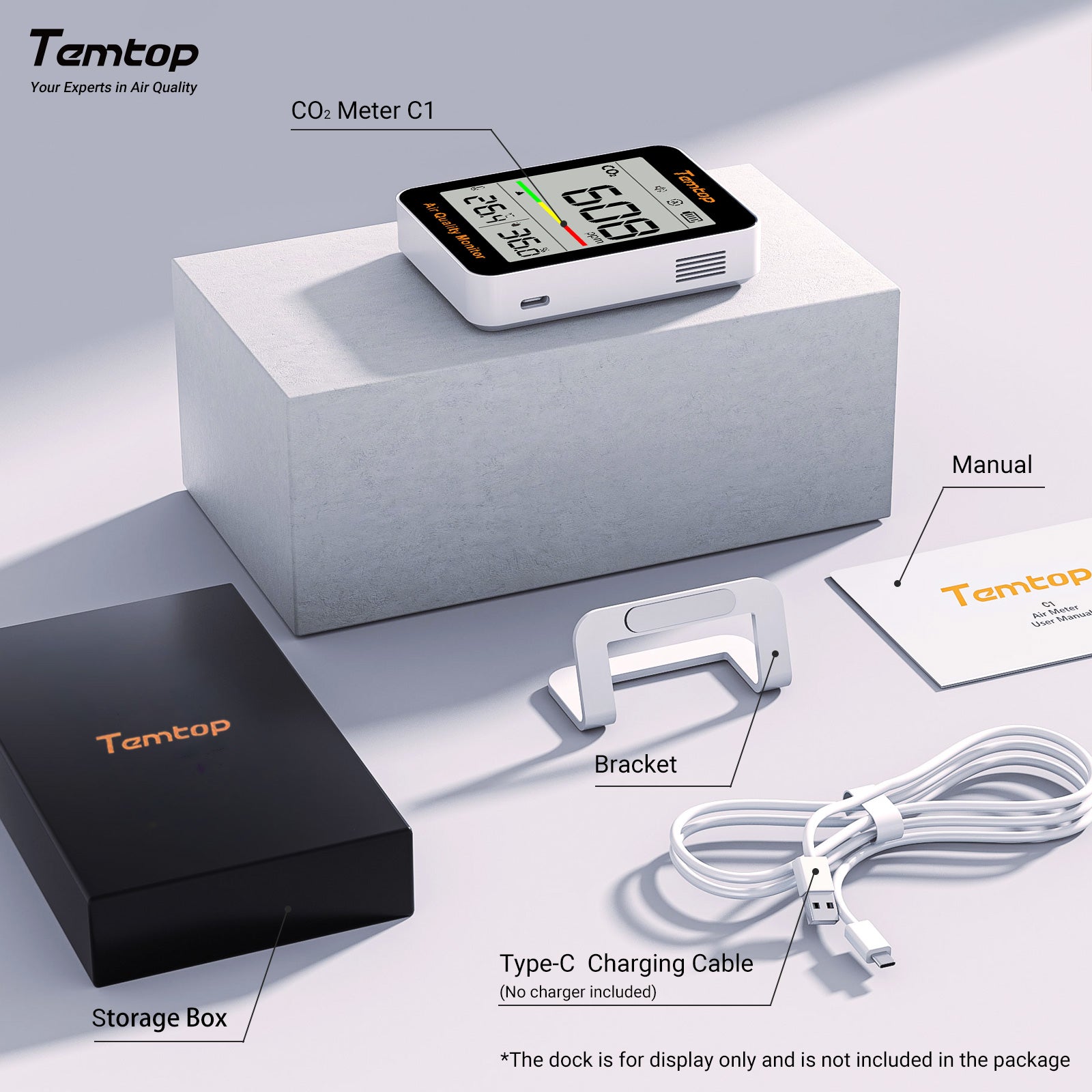 Temtop C1 CO2 Monitor Air Quality Monitor, Indoor Carbon Dioxide Detector, Tester for CO2, Temperature and Humidity