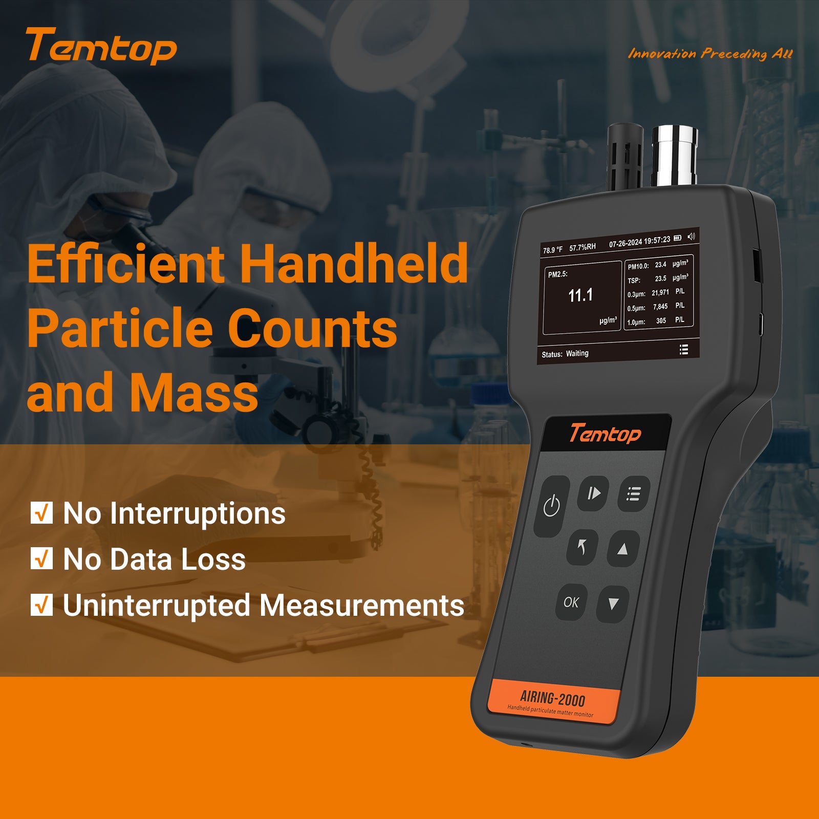 Temtop Airing 2000 3-channel Handheld Particle Counter Dust Monitor with Pumped PM Sensor, Three Outputs of Particle Numbers 0.3μm, 0.5μm, 1.0μm, Concentrations of Three Particles Types PM2.5, PM10, TSP, Temp & Humidity Detector