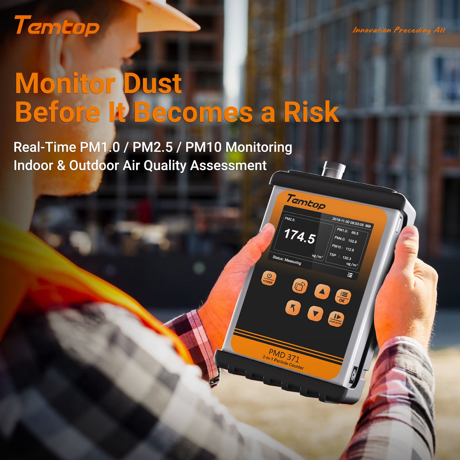 Temtop PMD371 Professional Particle Counter, Handheld Aerosol Dust Monitor with 7 Channels (0.3-10μm), PM2.5/PM10/TSP, Ideal for Cleanrooms, Construction Sites & Industrial Air Quality Monitoring