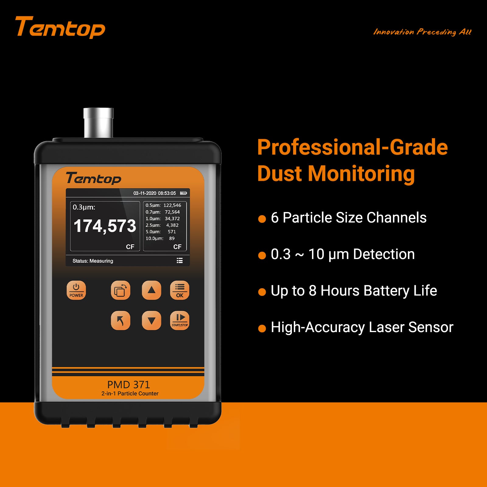 Temtop PMD371 Professional Particle Counter, Handheld Aerosol Dust Monitor with 7 Channels (0.3-10μm), PM2.5/PM10/TSP, Ideal for Cleanrooms, Construction Sites & Industrial Air Quality Monitoring