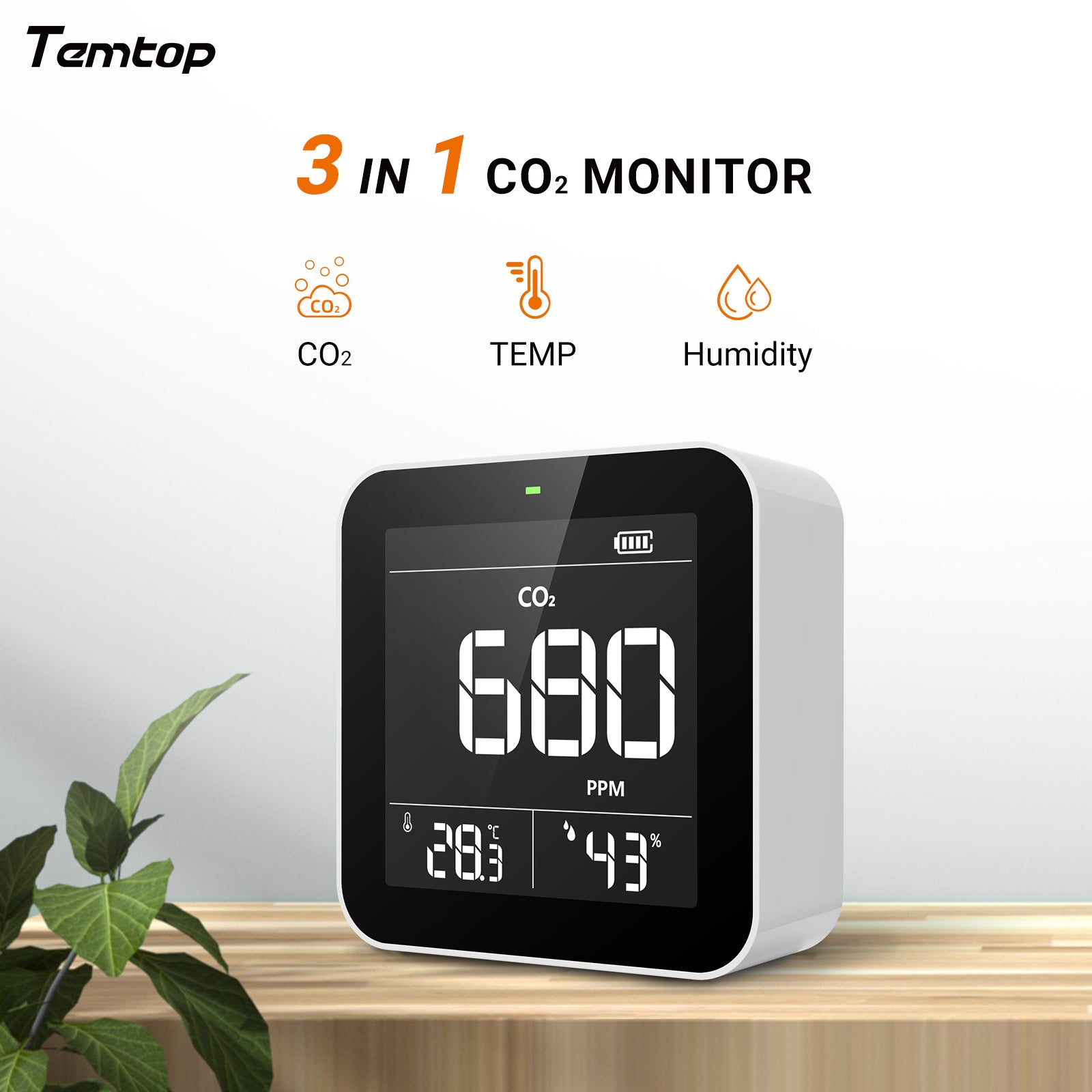 Temtop C10 CO2 空気質モニター、屋内二酸化炭素検出器、CO2、温度