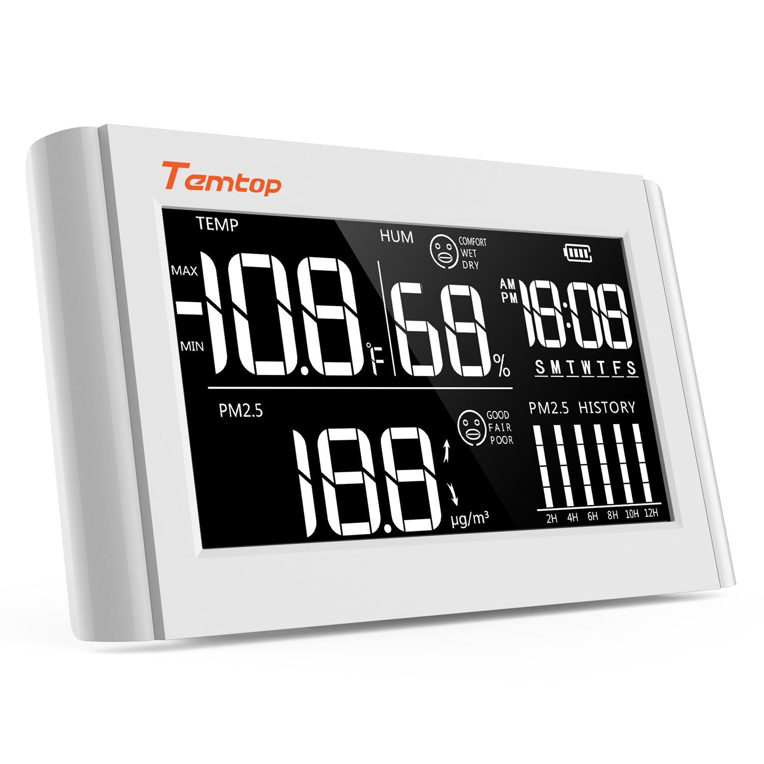 Temtop P20 PM2.5 Moniteur de qualité de l'air, détecteur de particules laser professionnel, affichage de la température et de l'humidité en temps réel, batterie rechargeable
