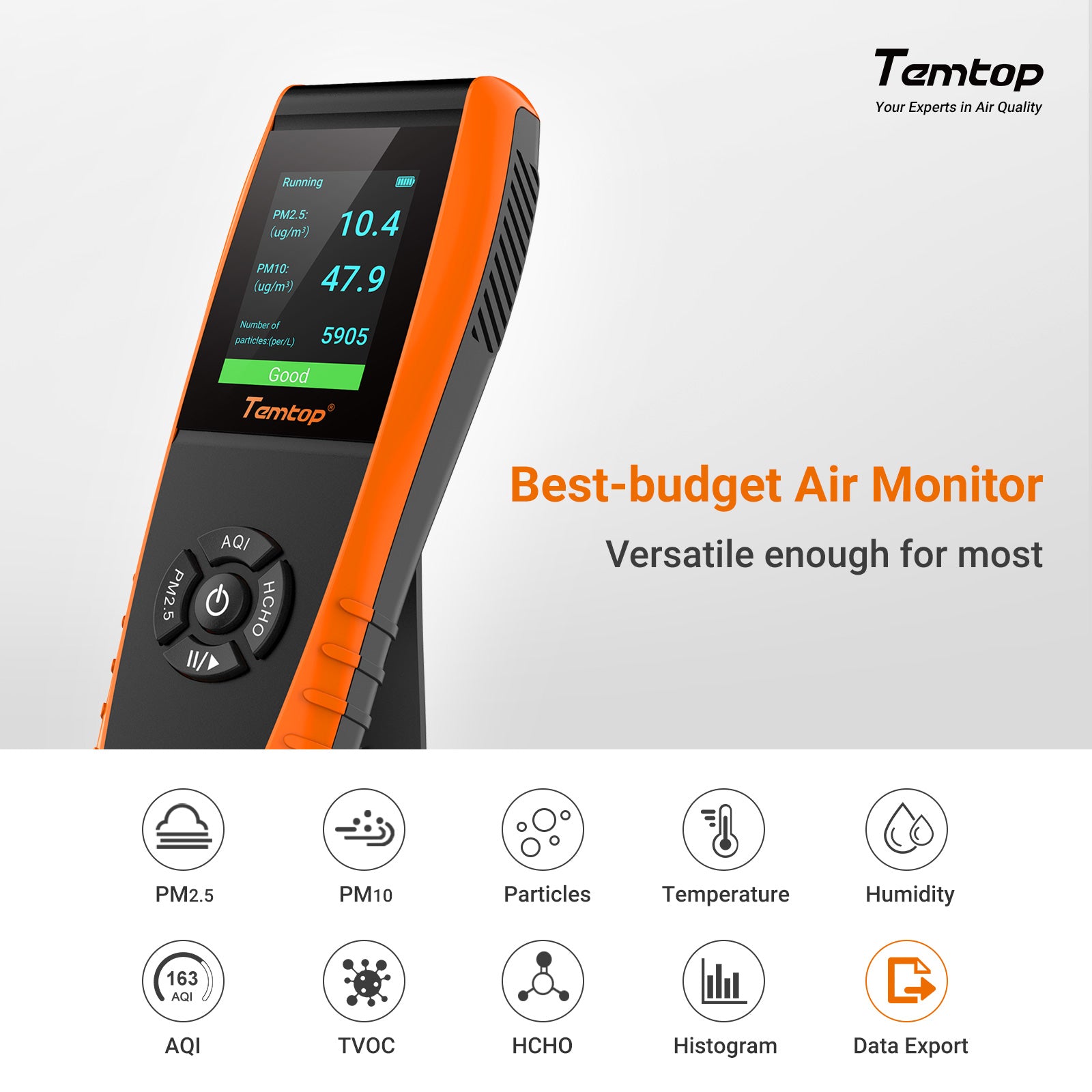 Temtop LKC-1000S+ 2. Luftqualitätsmonitor für PM2,5 PM10 HCHO AQI-Partikel VOCs Luftfeuchtigkeit Temperatur, Datum Dxport