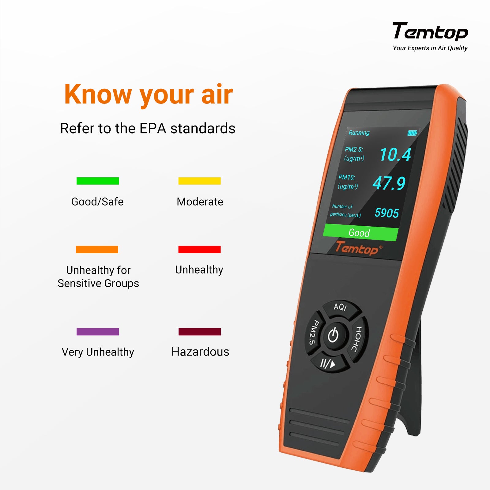 Temtop LKC-1000S + moniteur de qualité de l'air pour particules PM2.5 PM10 HCHO AQI COV humidité température