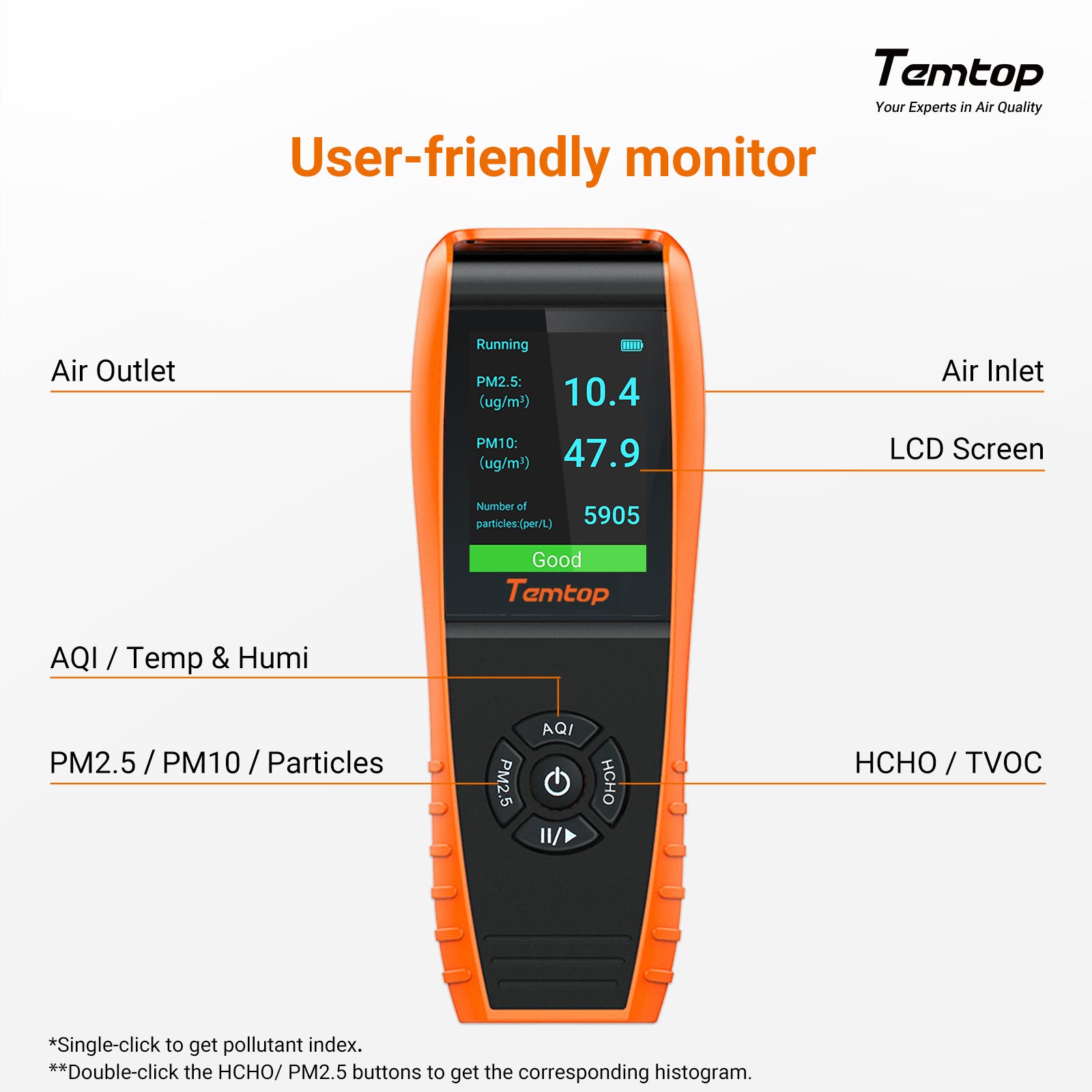Temtop LKC-1000S+ Monitor della qualità dell'aria per PM2,5 PM10 HCHO AQI Particelle COV Umidità Temperatura