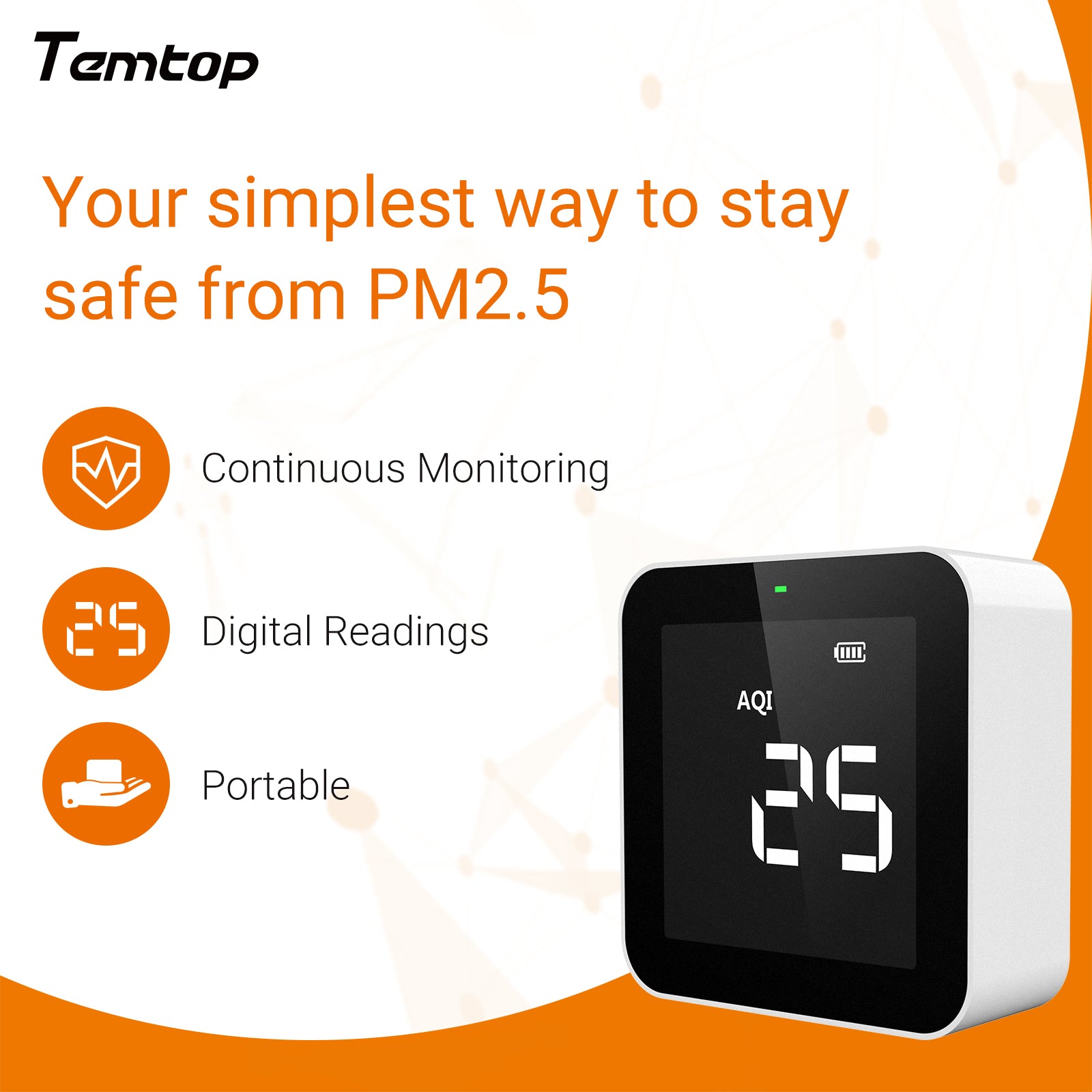 Moniteur de qualité de l'air Temtop P10 pour affichage en temps réel PM2,5 AQI, batterie rechargeable