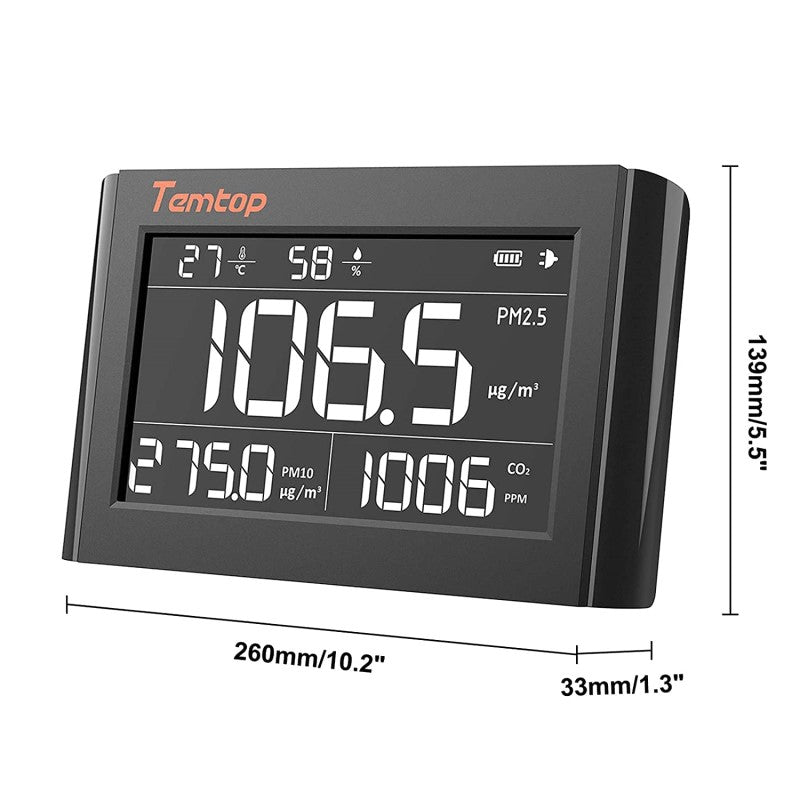 Temtop P1000 CO2 PM2,5 PM10 Luftqualitätsmonitor, wandmontierter Typ, 7,3-Zoll-Großbildschirm, leicht ablesbar, Temperatur- und Luftfeuchtigkeits-Echtzeitanzeige