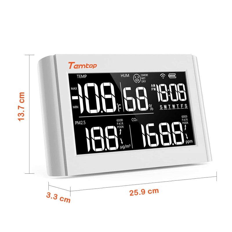Temtop P20 PM2.5 Monitor della qualità dell'aria, rilevatore di sensori di particelle laser professionale, display dell'umidità della temperatura in tempo reale, batteria ricaricabile