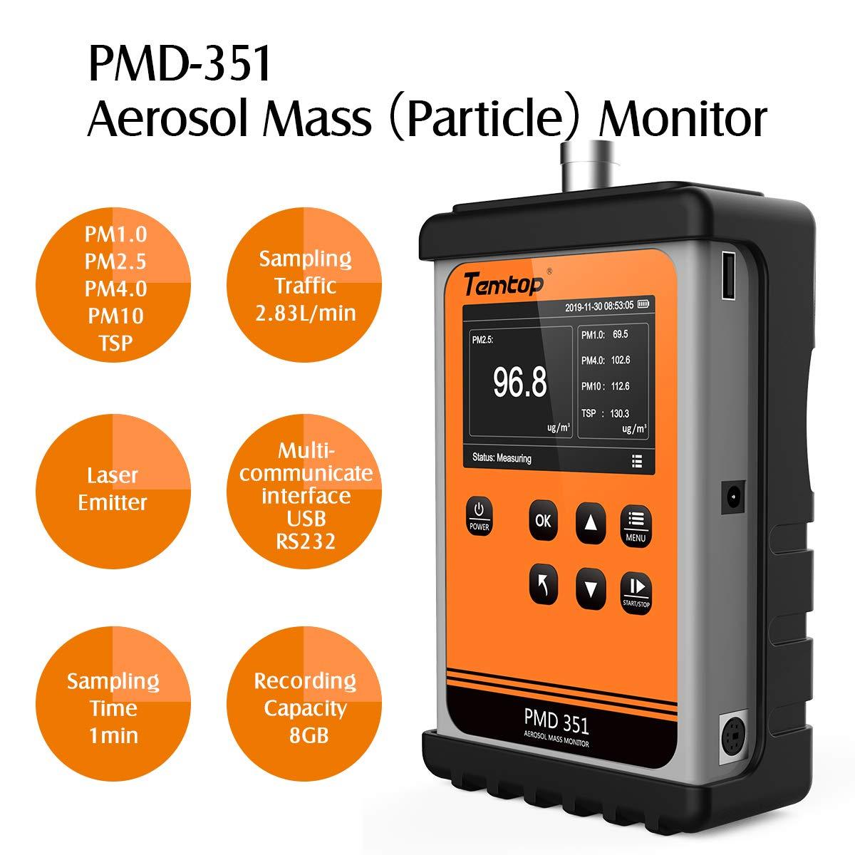 Temtop PMD 351 Aerosol-Monitor, tragbarer Partikelzähler, PM1.0, PM2.5, PM4.0, PM10, TSP-Monitor, mit USB- oder RS-232-Kommunikationstyp